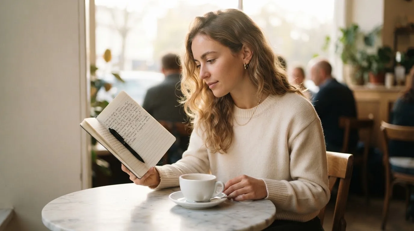 Eine junge Frau blättert entspannt in einem Notizbuch neben einer Tasse Kaffee.