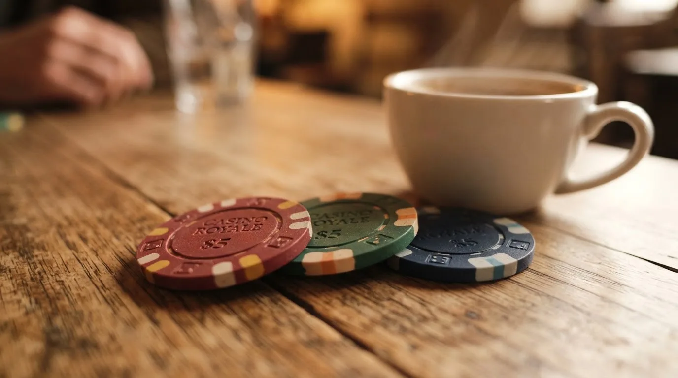 Nahaufnahme von Euro-Münzen, die locker auf einem Holztisch neben einer Kaffeetasse liegen.