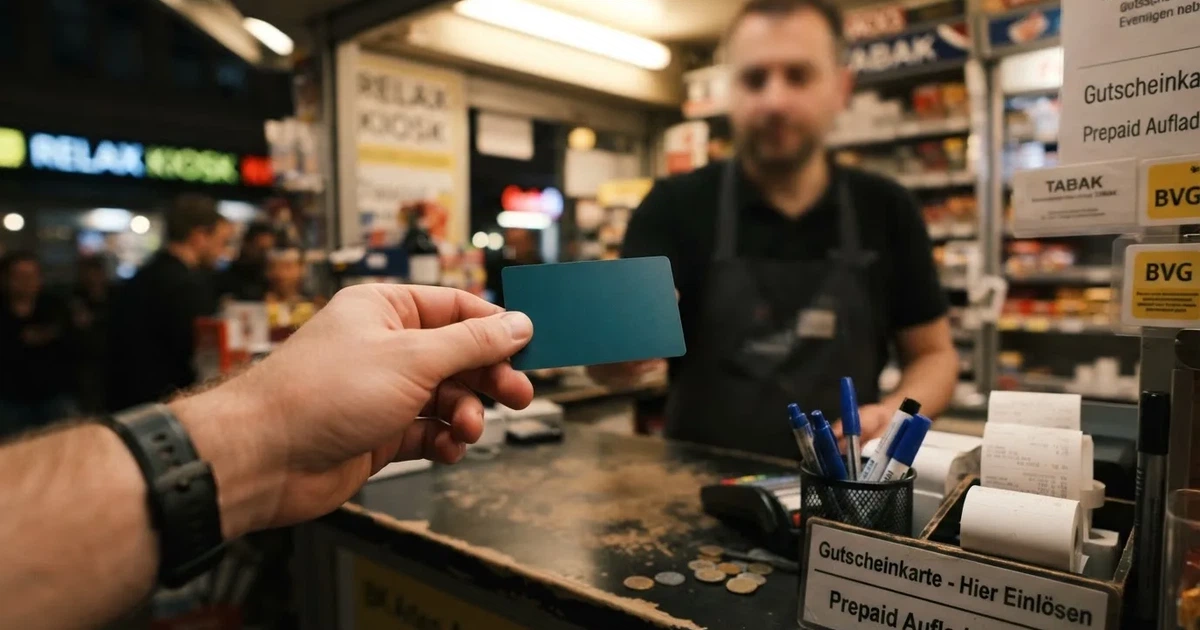 Nahaufnahme einer Hand, die an einer Kiosk-Verkaufstheke einen kleinen Prepaid-Kartenumschlag entgegennimmt.